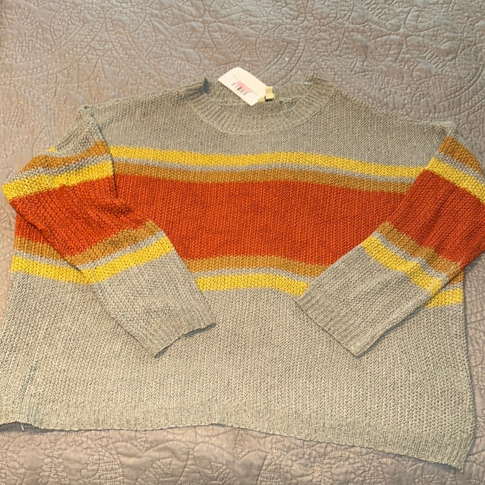 Kori Gray and Orange Crew Neck Sweater with Retro Stripes 1XL